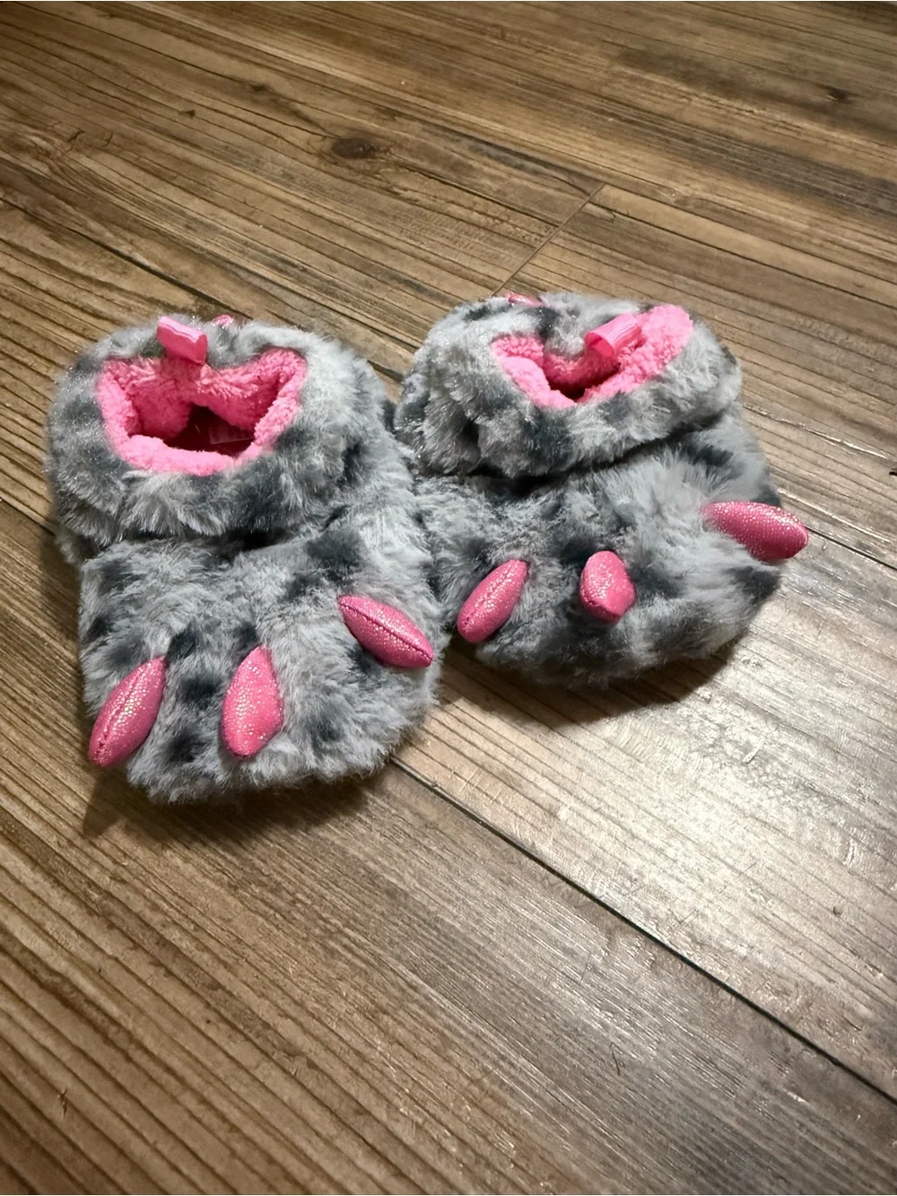 Gray and Pink Plush Monster Paw Baby Booties